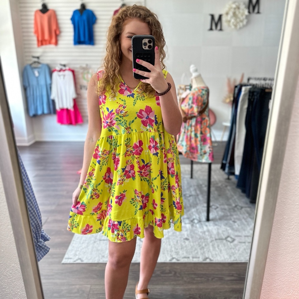 Lime Yellow Floral Sleeveless Dress